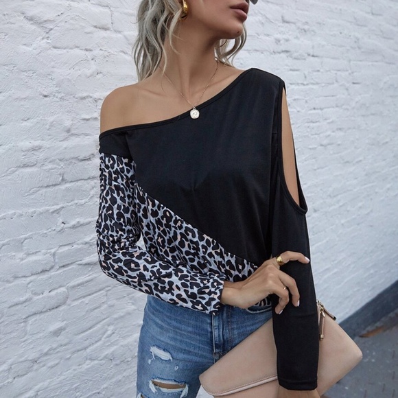 Bellanblue Tops - Leopard print off shoulder long sleeve top